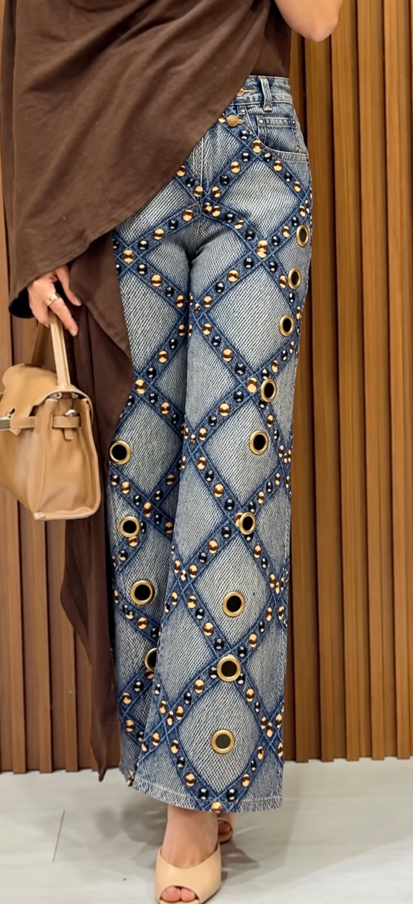 Studded Denim-Effect Pants