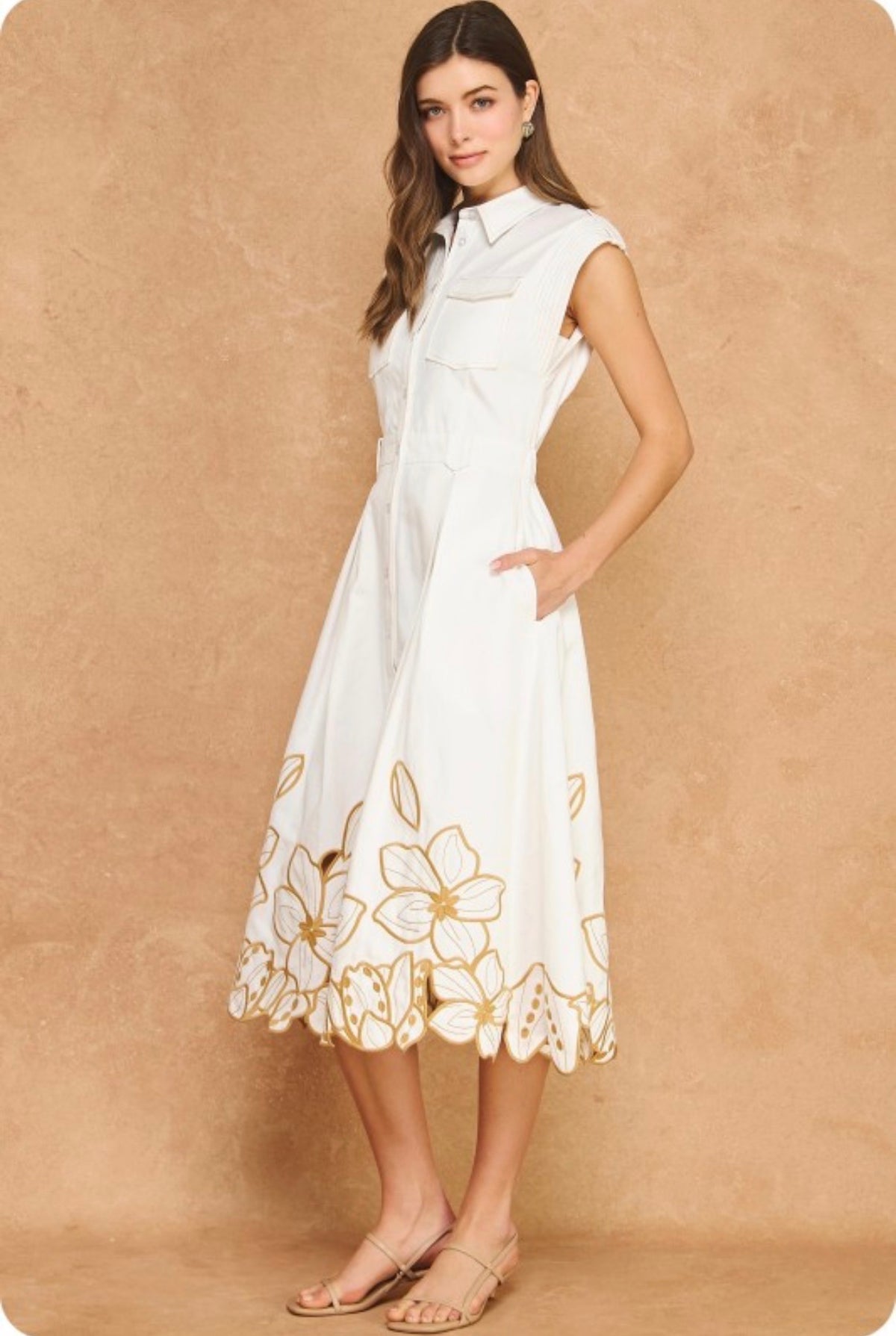 FLORAL CUT-OUT EMBROIDERY TWILL MIDI
SHIRT DRESS