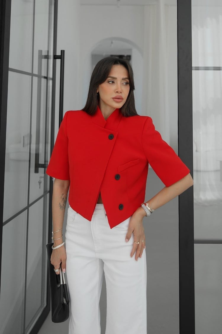 asymmetric/red jacket