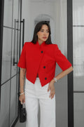 asymmetric/red jacket