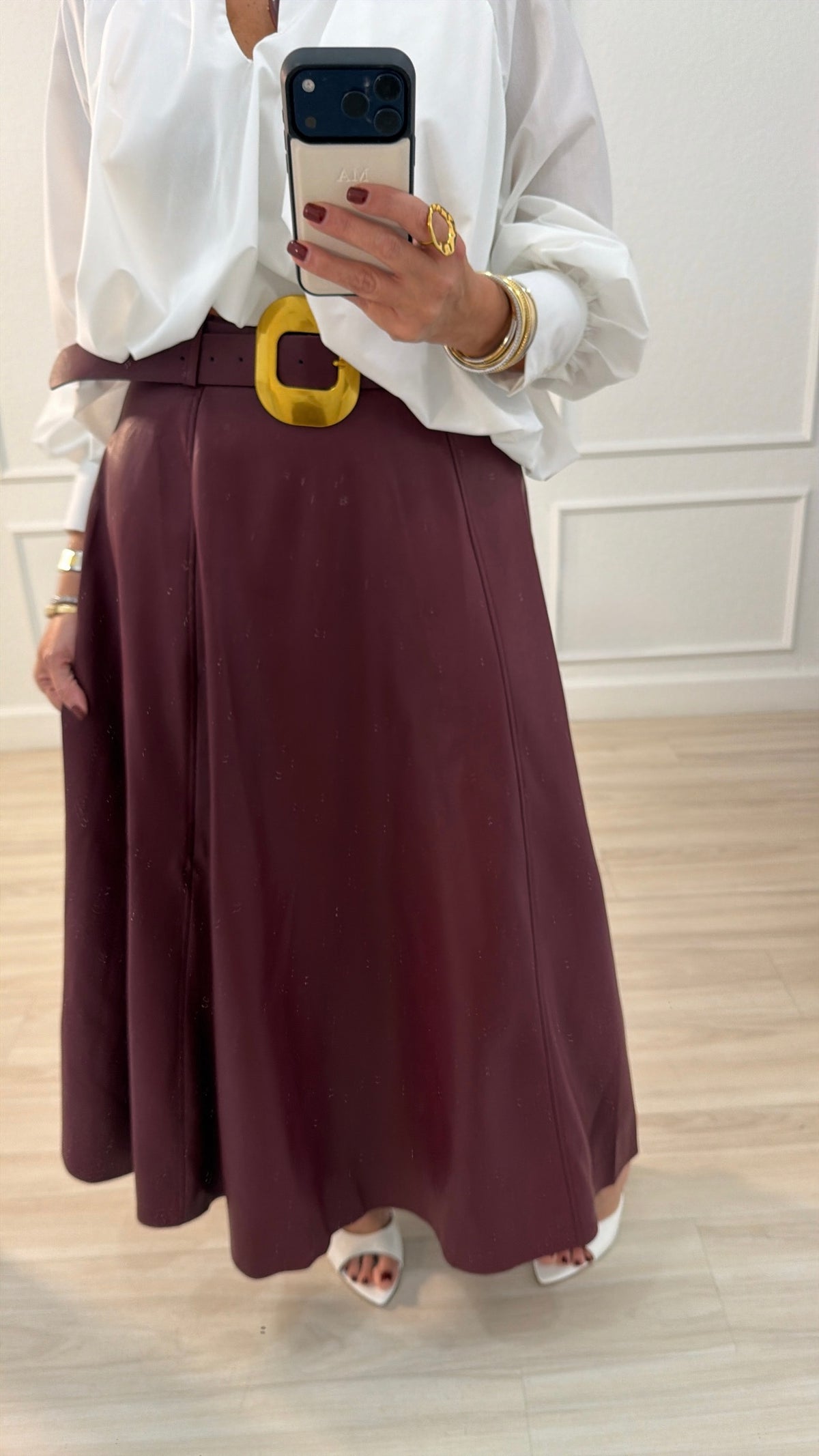 Leather/burgundy skirt