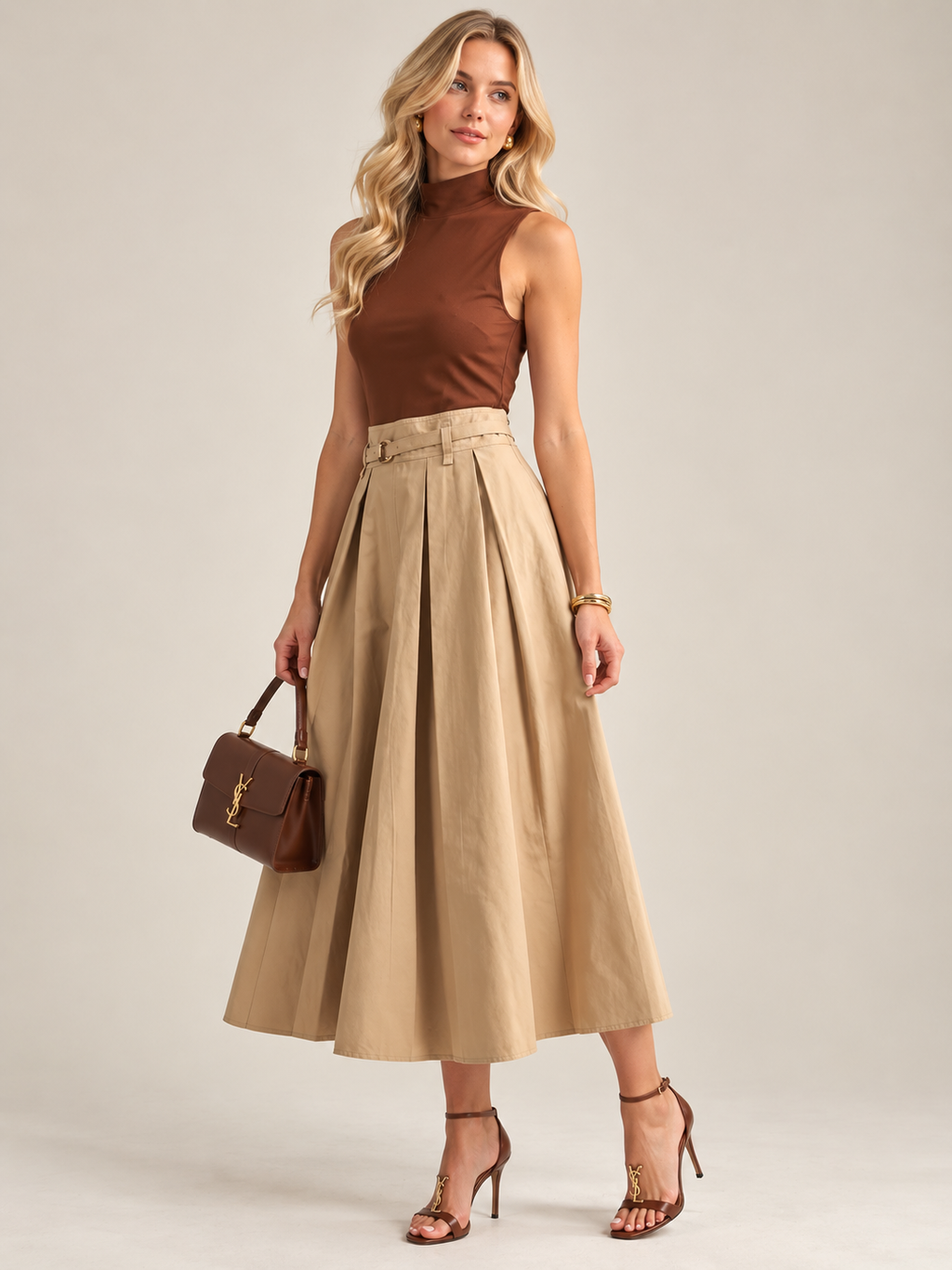 BELTED TWO-TONE PLEATED DRESS