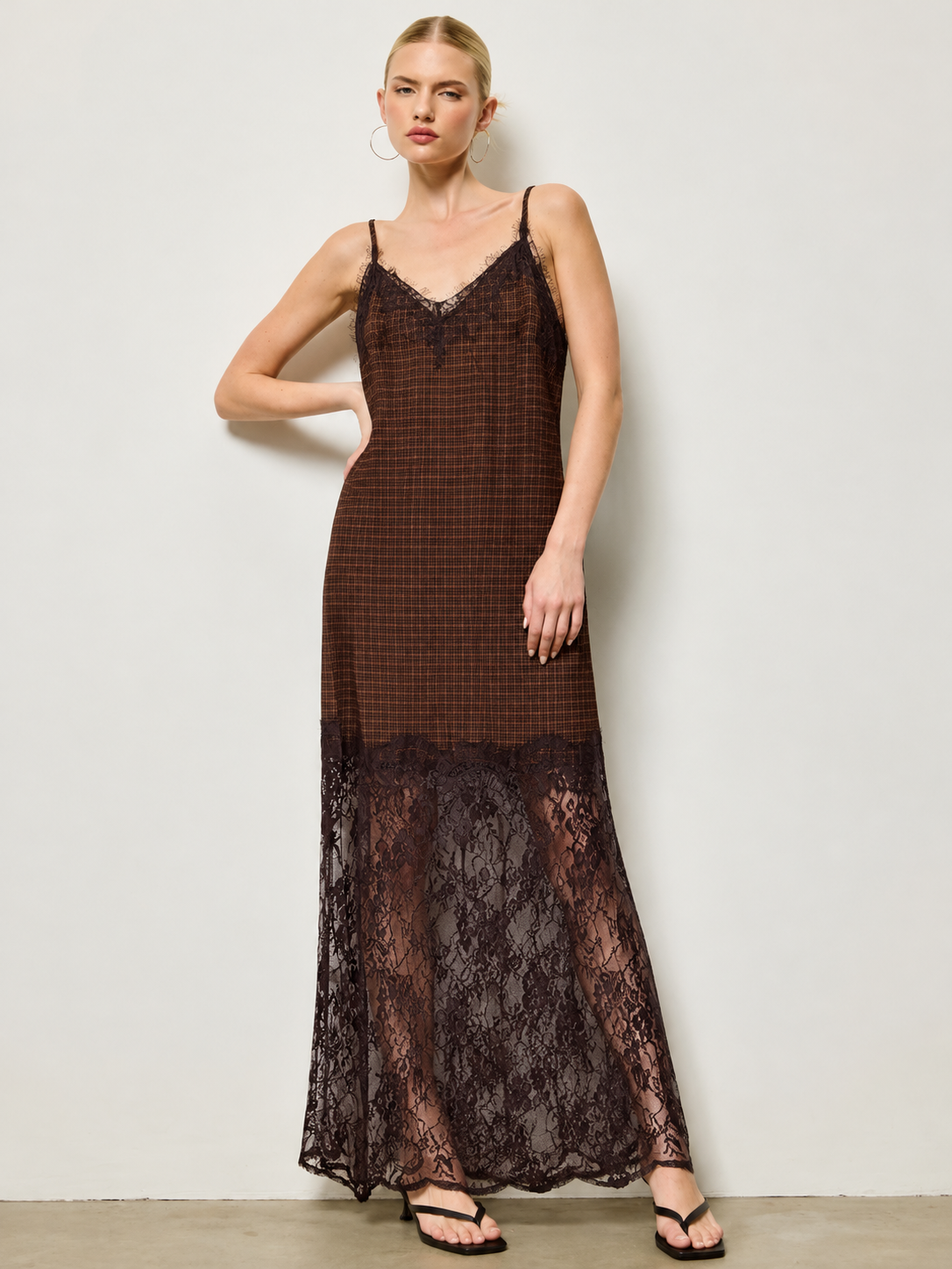 PLAID LACE CONTRAST MAXI DRESS
