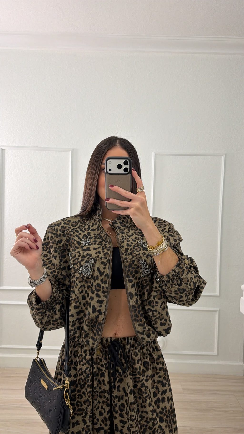 Leopard Rhinestone Bomber Set