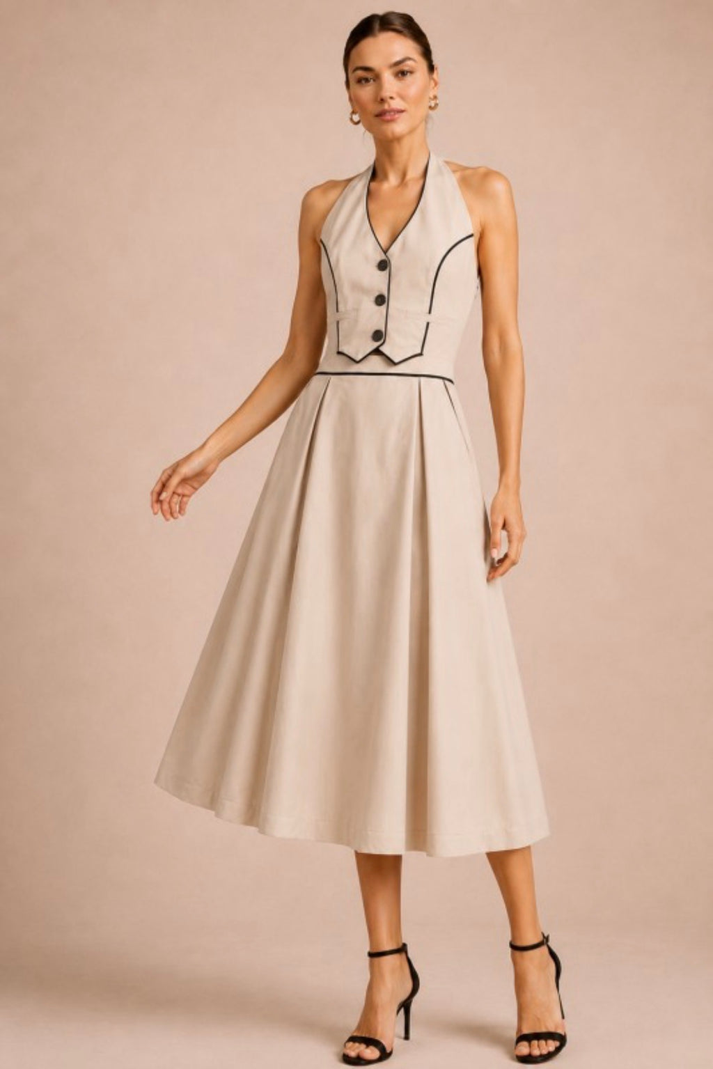 Contrast Piped Halter Vest
Midi Dress
