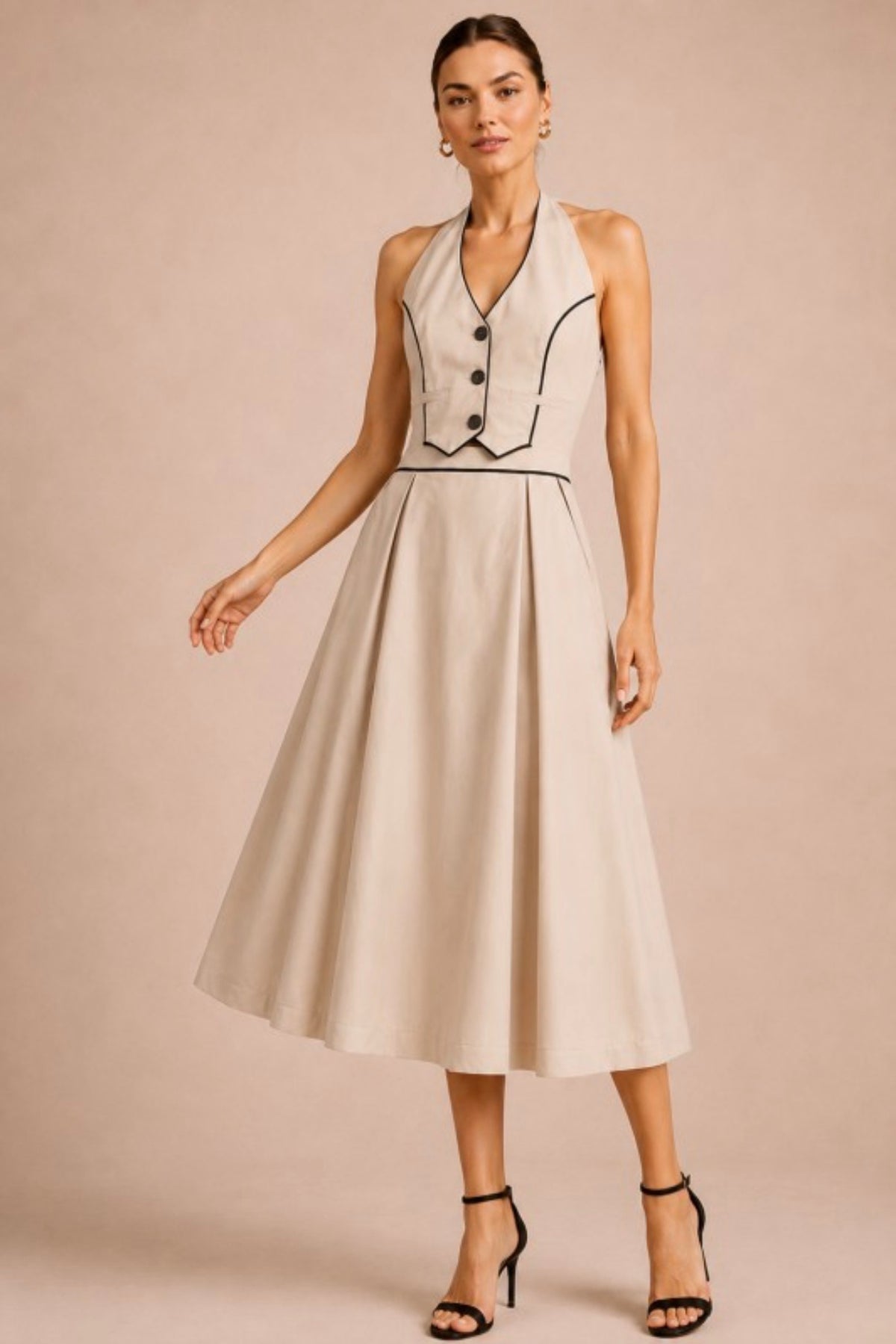 Contrast Piped Halter Vest
Midi Dress