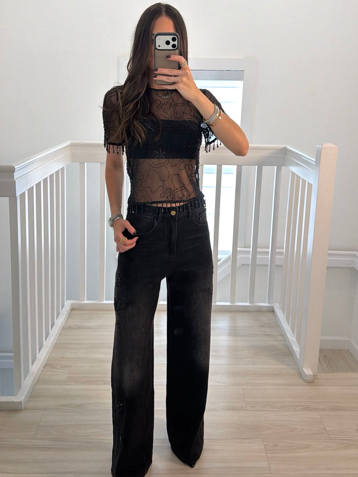 black embroidered top