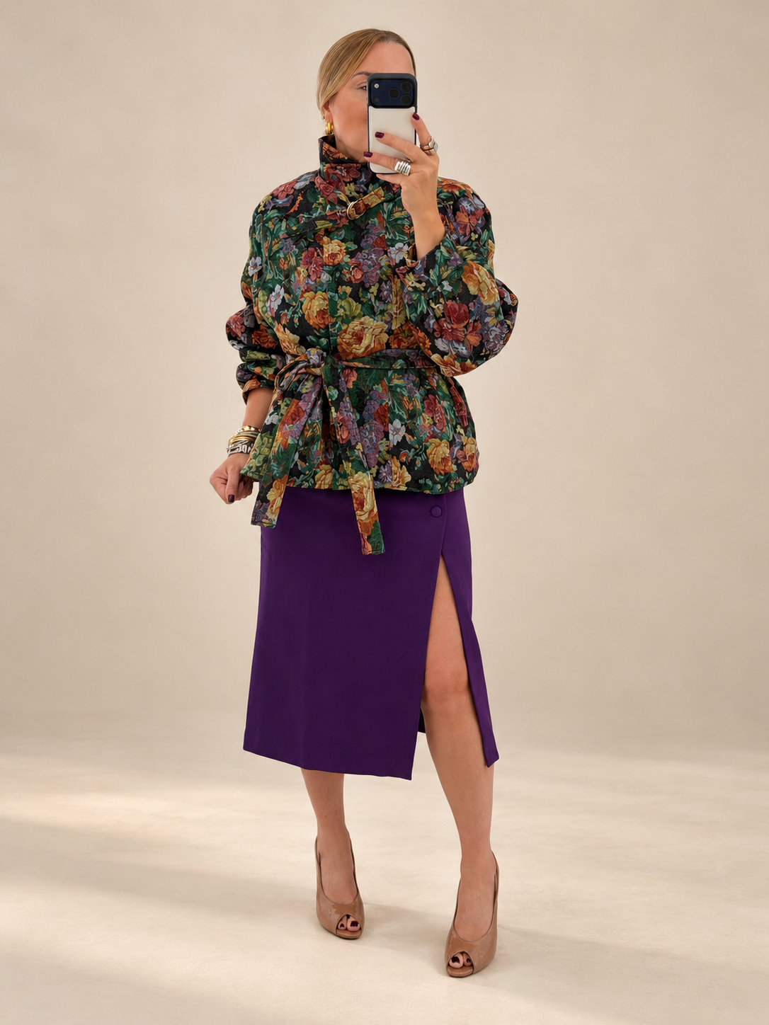 Purple Button Detail Midi Skirt
