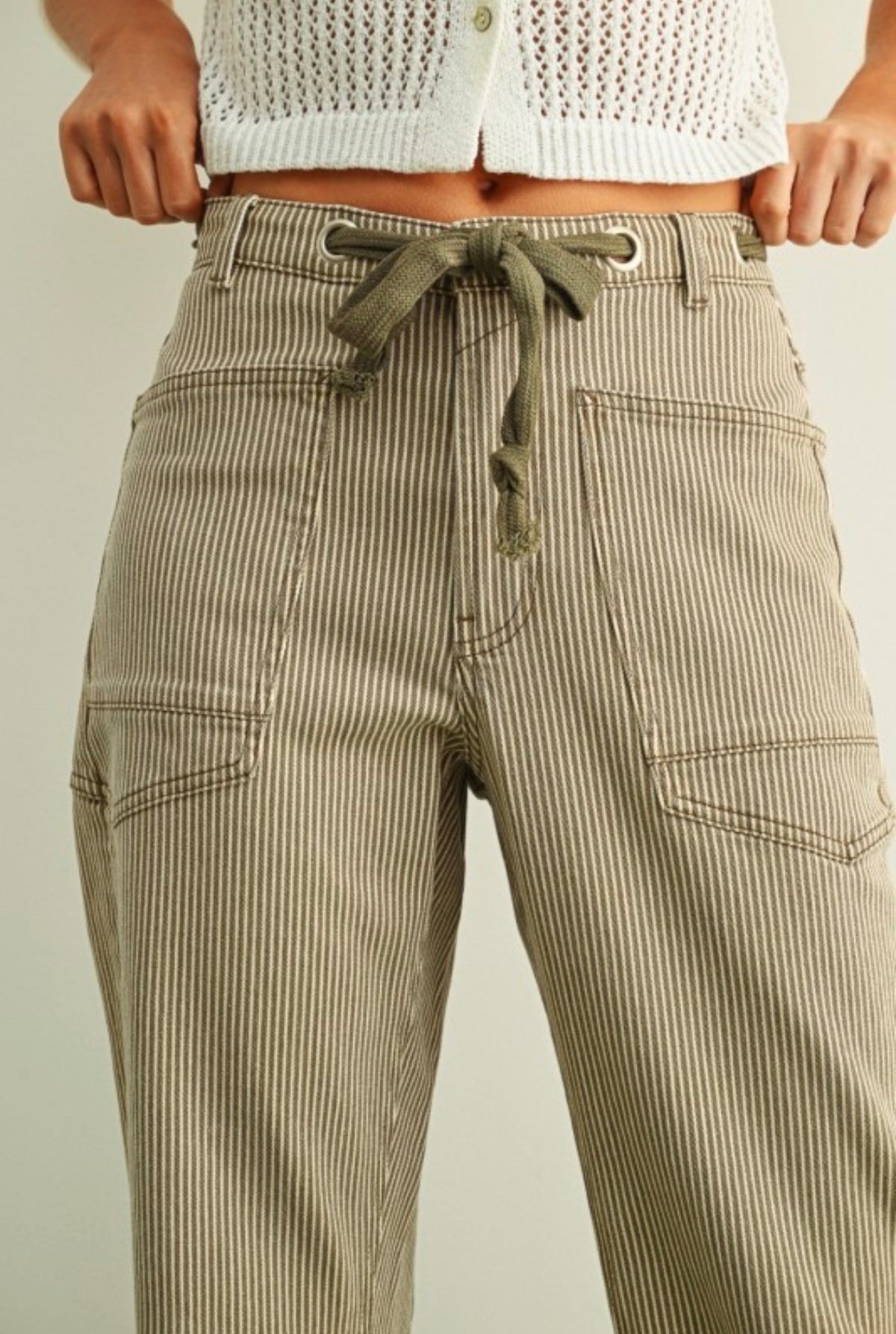 Striped whased barrel pants with belt