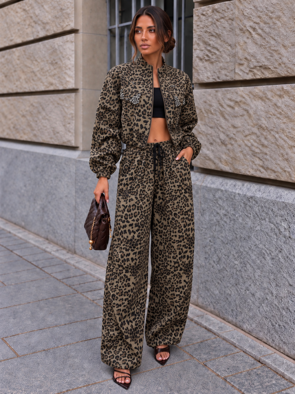 Leopard Rhinestone Bomber Set
