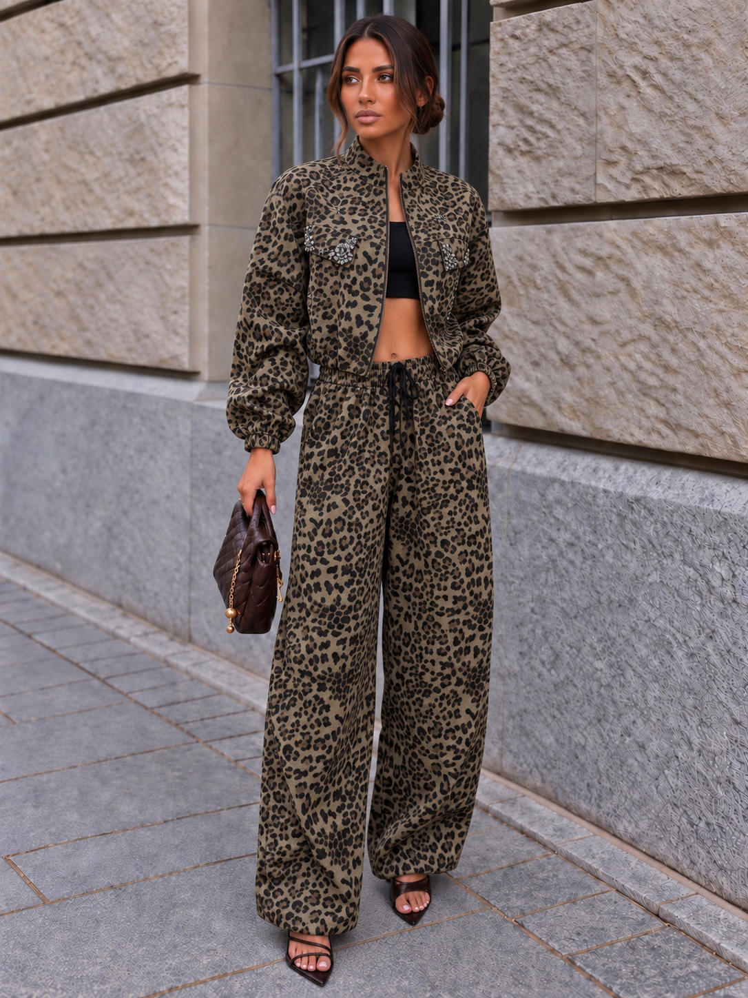 Leopard Rhinestone Bomber Set