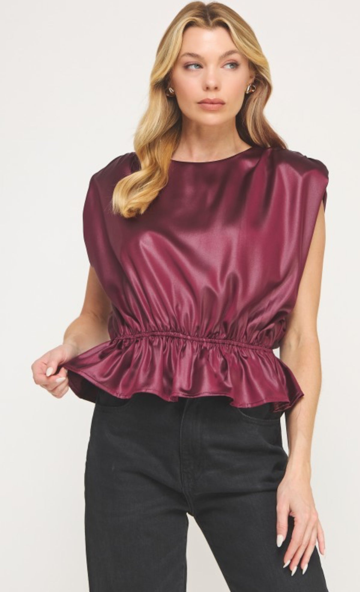 Sleeveless shoulder pad satin top