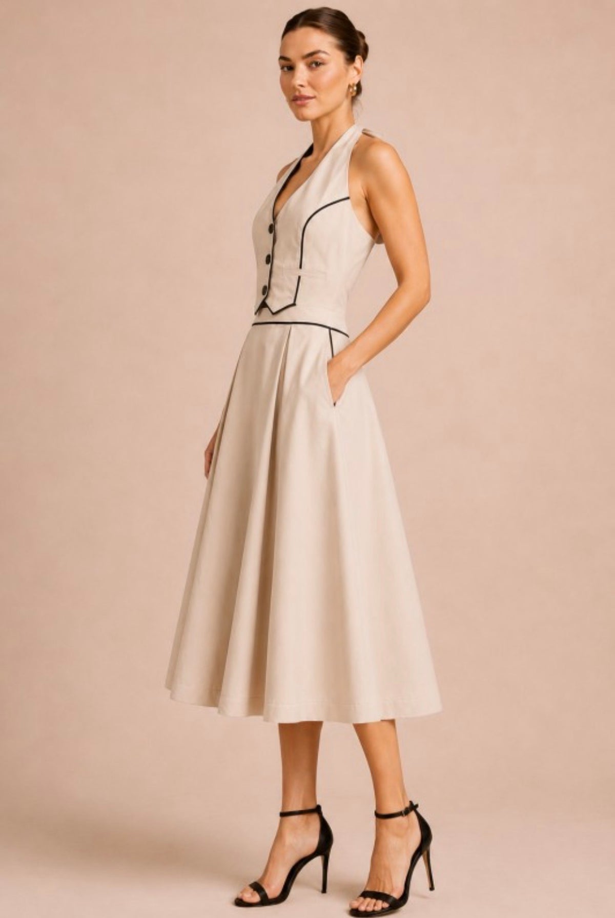 Contrast Piped Halter Vest
Midi Dress
