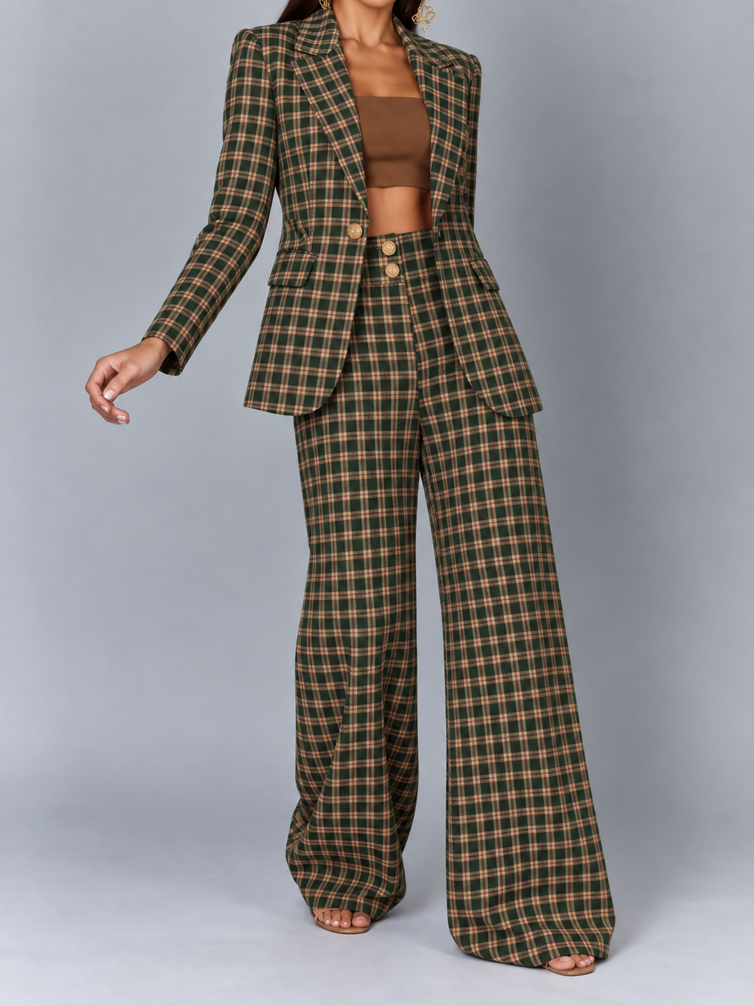 Plaid Blazer olive Pants Set