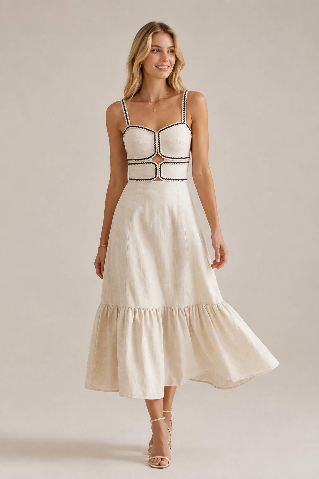 COTTON LINEN MIDI DRESS WITH TRIM
TAPE DETAIL