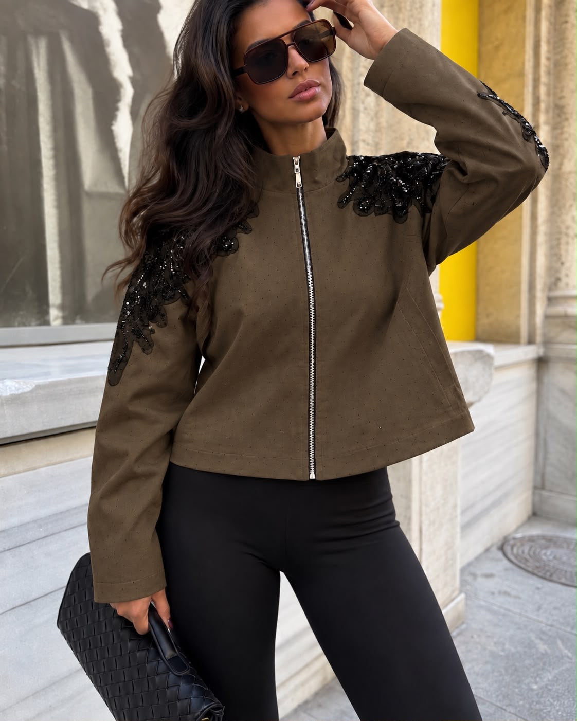 Embellished Shoulder Zip Jacket