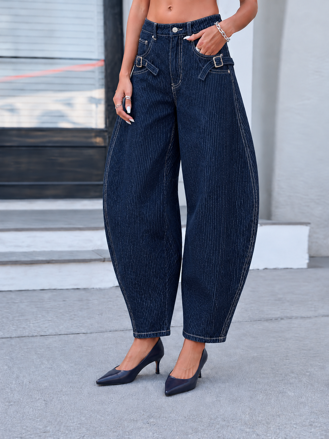 Buckle-Tab Barrel Jean