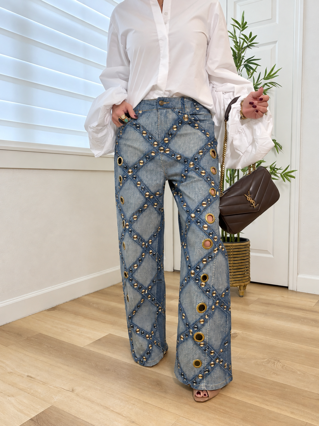 Studded Denim-Effect Pants