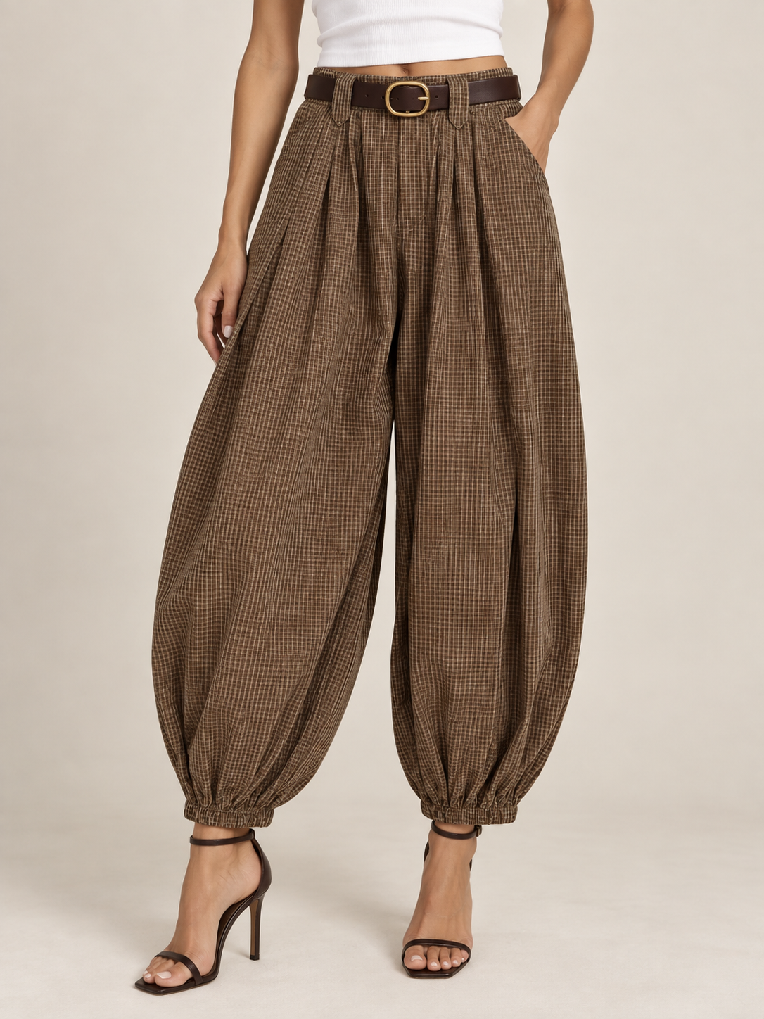 Plaid Balloon Pants – Brown