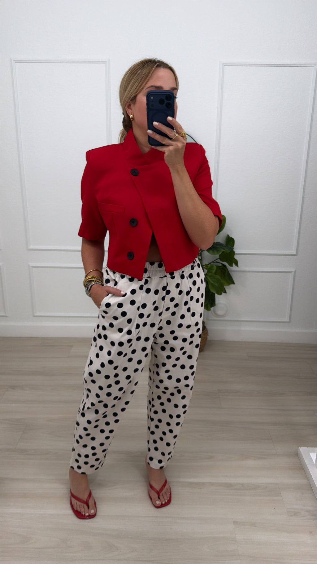 asymmetric/red jacket