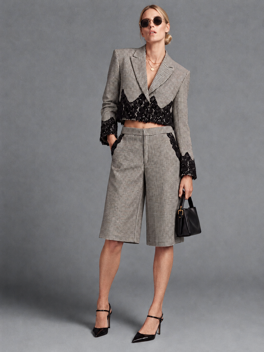 Lace Detail Checkered Blazer & Bermuda Set