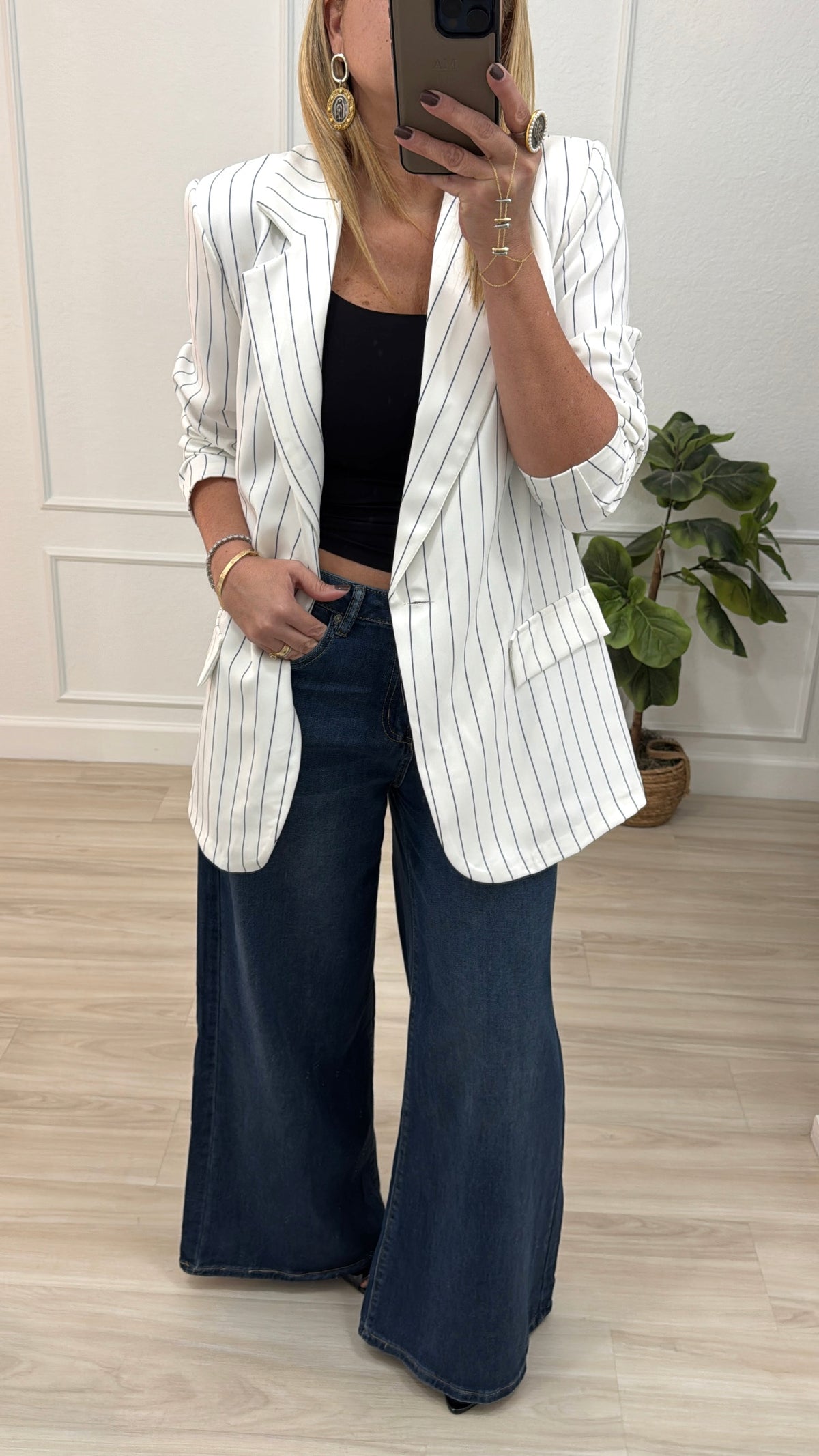 striped white blazer