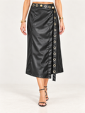 Gold Eyelet Faux Leather Midi Skirt