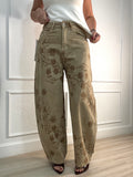embroidered flowers barrel pants