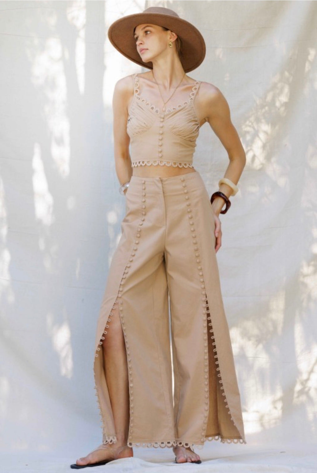 EMBROIDERED HEM WIDE-LEG PANTS WITH
BUTTON DETAIL