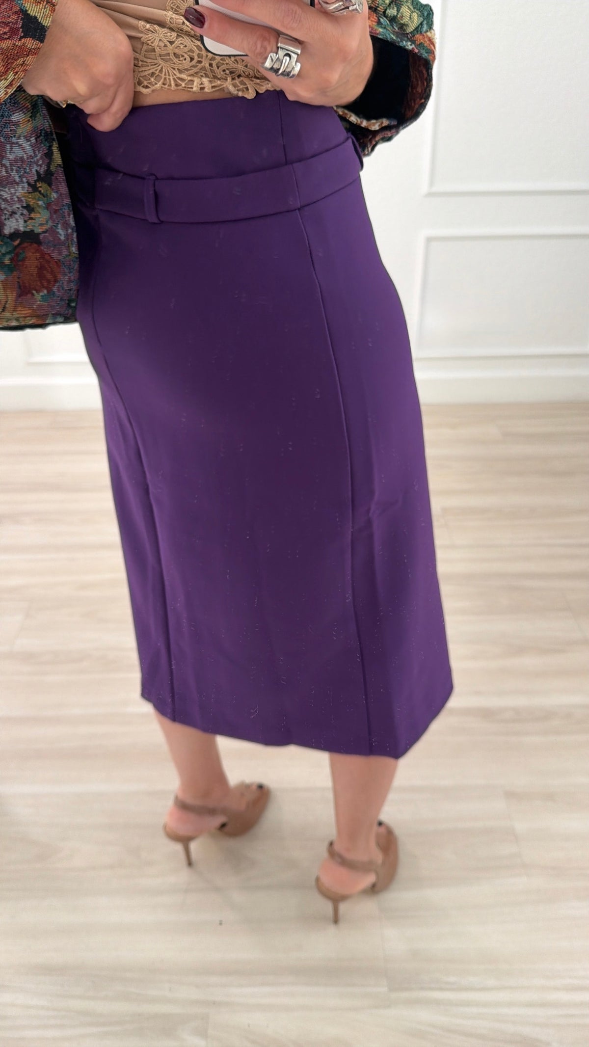 Purple Button Detail Midi Skirt