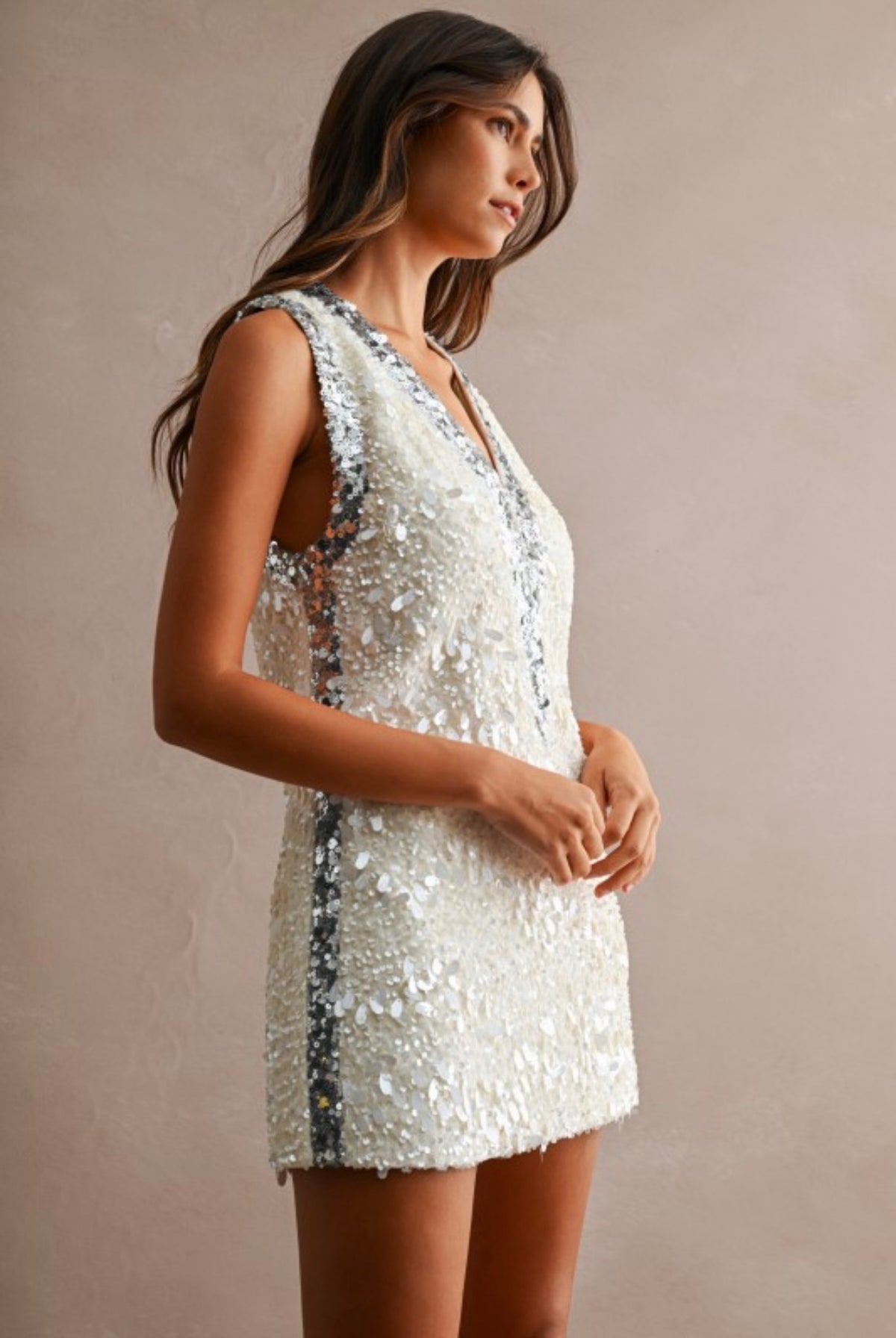SEQUIN TRIM SLEEVELESS DRESS