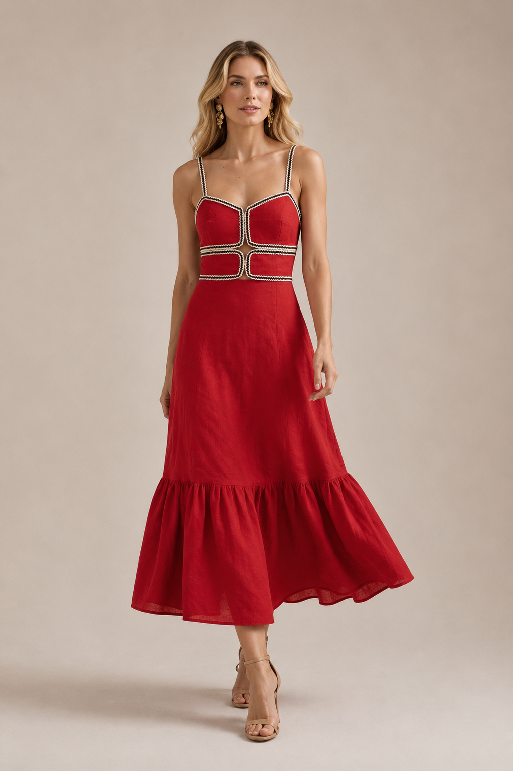 COTTON/LINEN RED MIDI DRESS