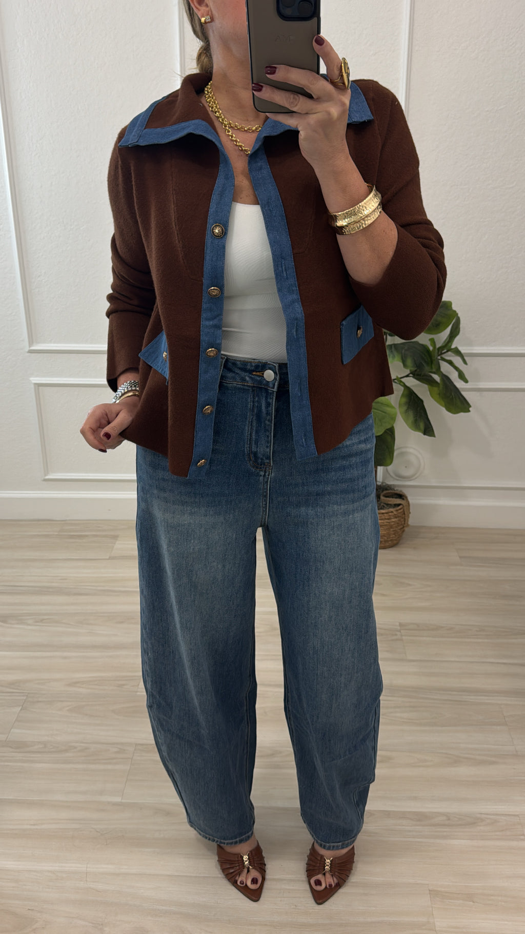 Brown/denim sweaters