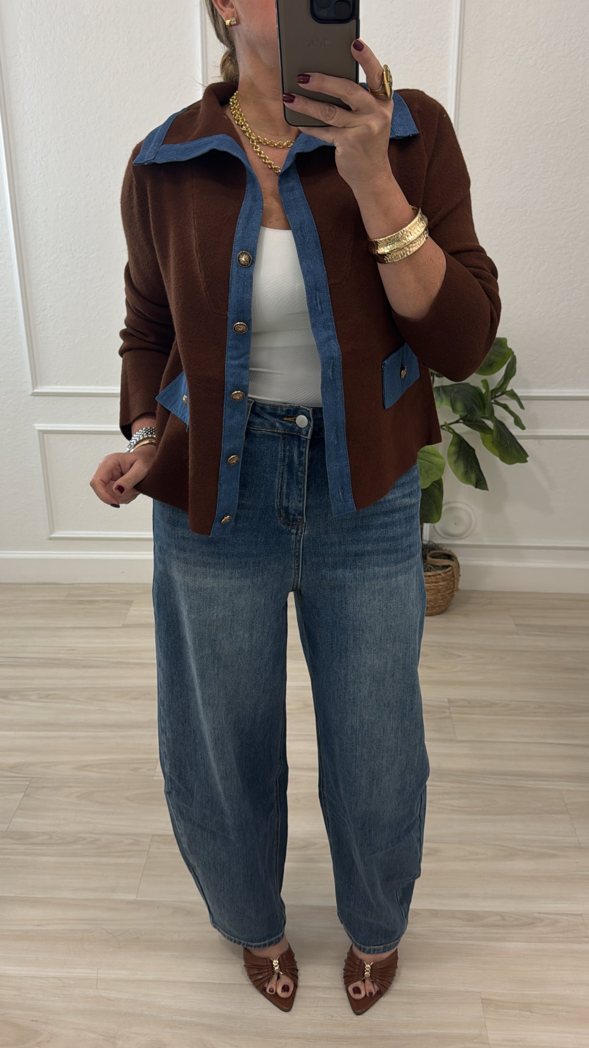 Brown/denim sweaters