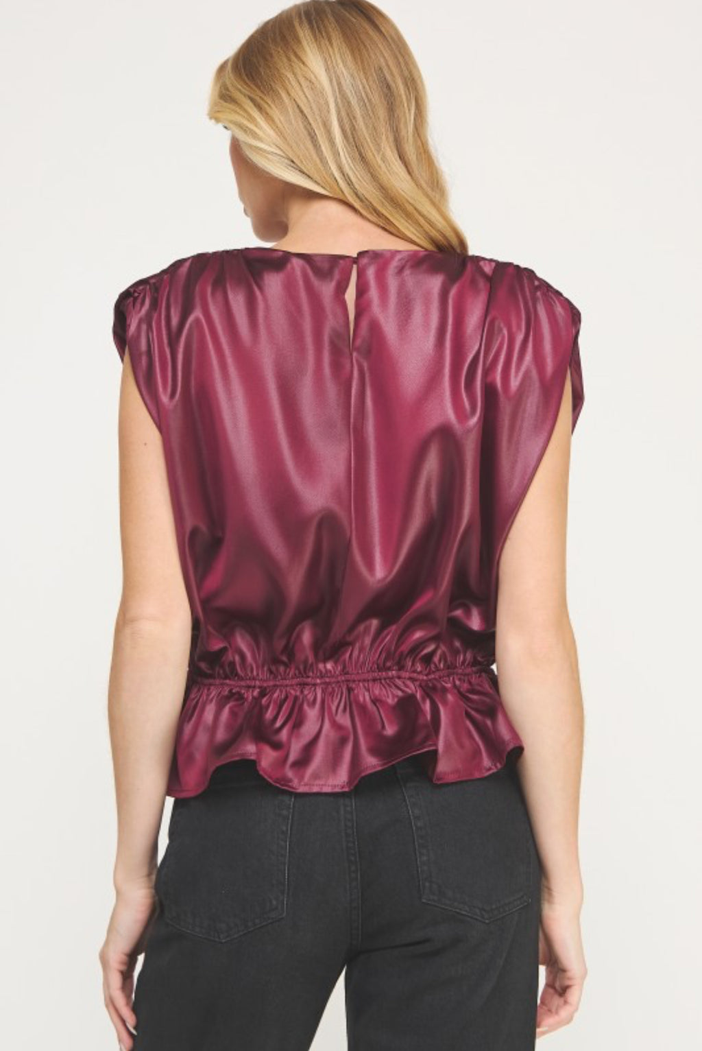 Sleeveless shoulder pad satin top