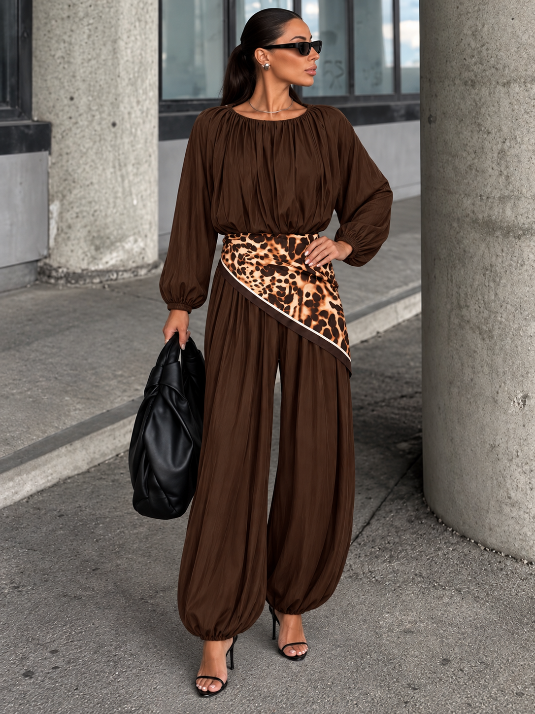 Animal Print Scarf Harem Jumpsuit