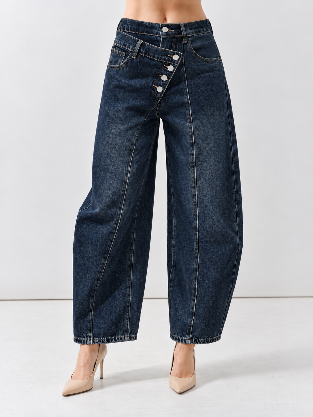 Asymmetric Button Barrel Jeans