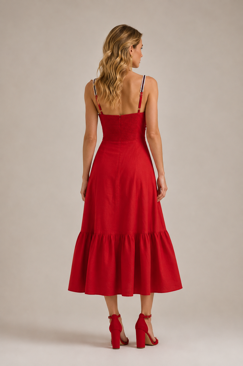 COTTON/LINEN RED MIDI DRESS
