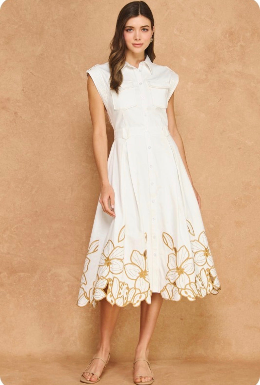 FLORAL CUT-OUT EMBROIDERY TWILL MIDI
SHIRT DRESS